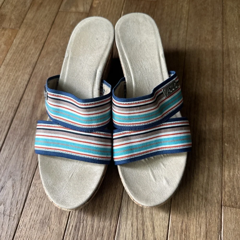 Anne Klein Wedge Sandals Size 7 Striped Sailor Chic Cork Heel Summer‎